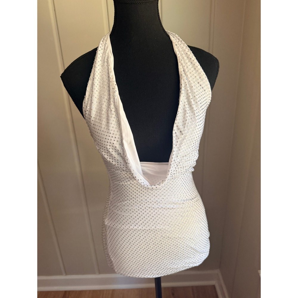 THATSSOFETCH White Rhinestone Halter Cowl Neck Mini Dress/top Size 0 Sexy Party